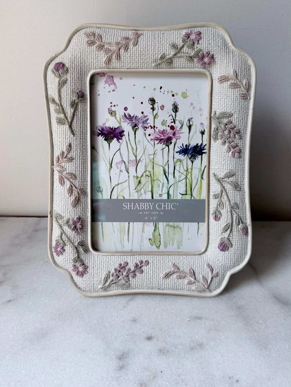 Shabby Chic Cream Frame with Pink and Green Embroidery 4”x6” photo